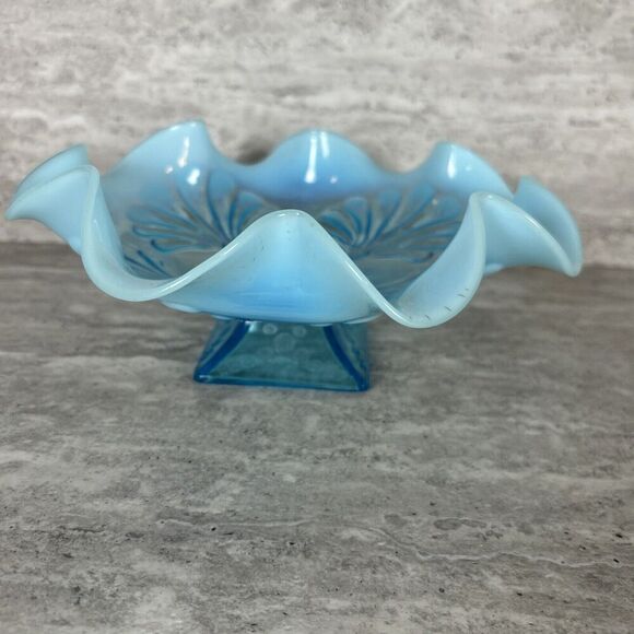 Northwood Blue Opalescent Ruffled Candy‎ Dish Shell Design Square Pedestal Base - Picture 8 of 16